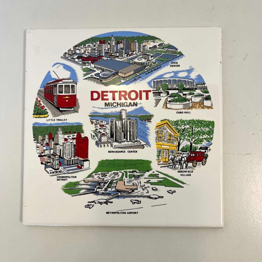 Vintage Detroit Michigan Souvenir Ceramic Tile Renaissance Center Cobo Hall 6x6